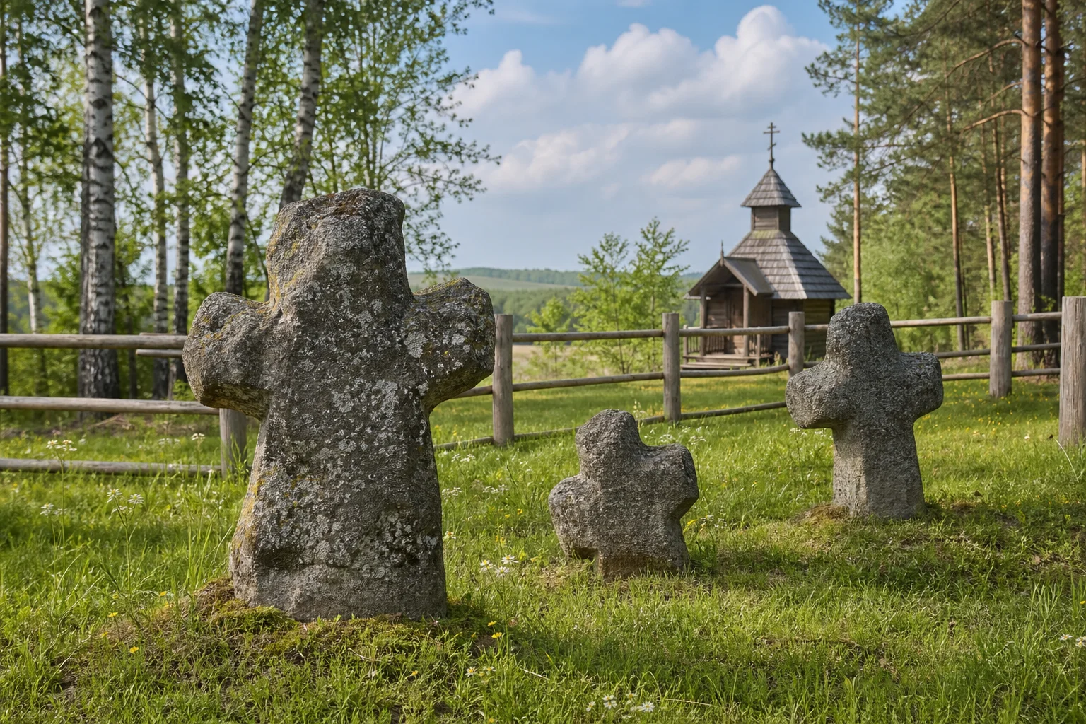 Каменные кресты в деревне Заозерье