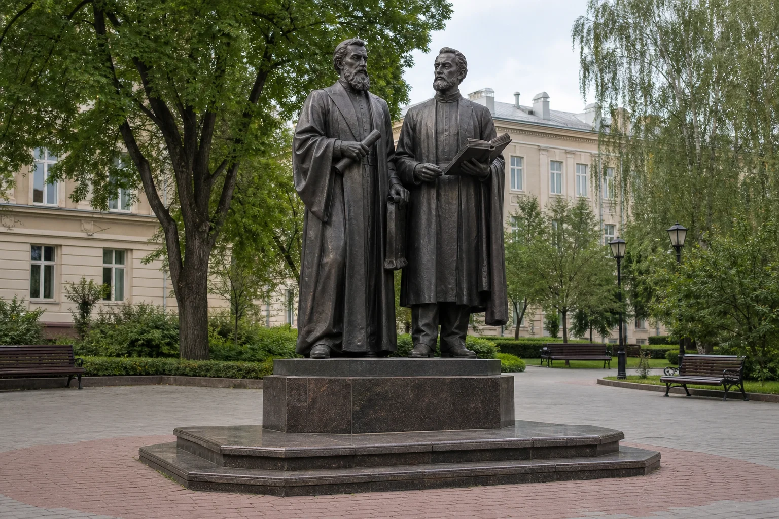Памятник Симону Будному и Василию Тяпинскому в Минске (у БГУ)