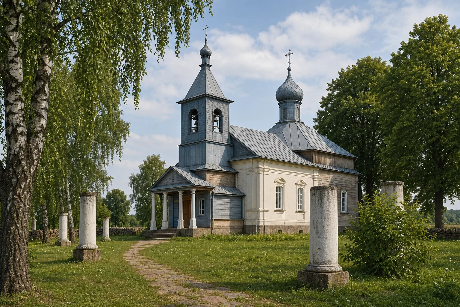 Зелово, церковь Троицкая (дерев.) /сохр. колонны/